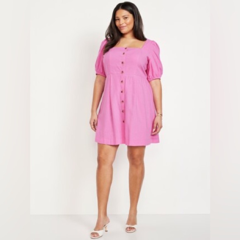 Old Navy XL Pink Button Front Puff Sleeve Dress Square Neck
